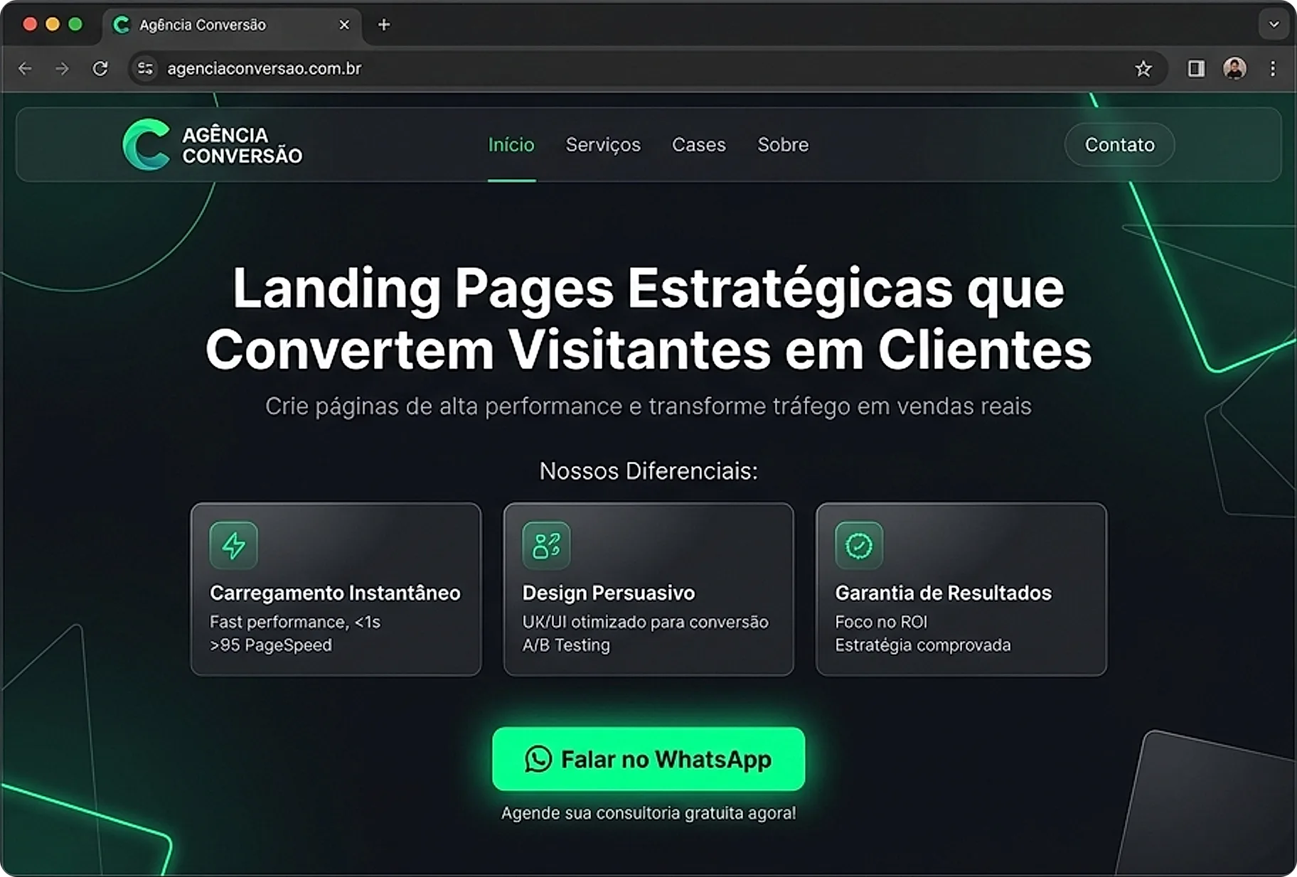 Mockup de landing page representando o que você faz sem jargão, diferenciais perceptíveis e botão de ação óbvio