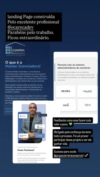 Story do Grupo Carrera Consórcio elogiando o trabalho da OCARECADEV