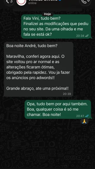 Print de mensagem no WhatsApp de Vinicius Oliveira agradecendo agilidade e alterações